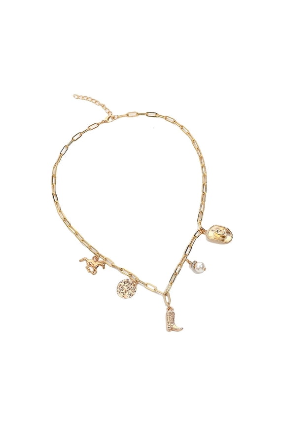 Adjustable Chain Necklace Accessory Featuring Unique Cowboy Hat And Boot Charm