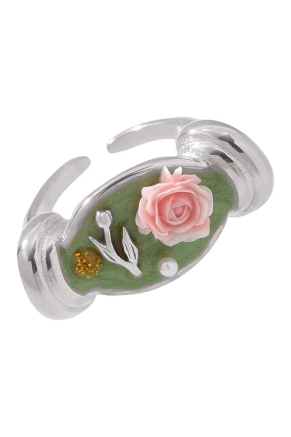 Adjustable Rose Flower Ring Stainless Steel Pearls Accents Enamel Decorated Elegant Design