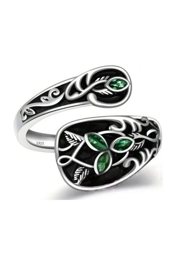Adjustable Spoon Shaped Green Stone Leaf Ring Retro Nature Themed Jewelry