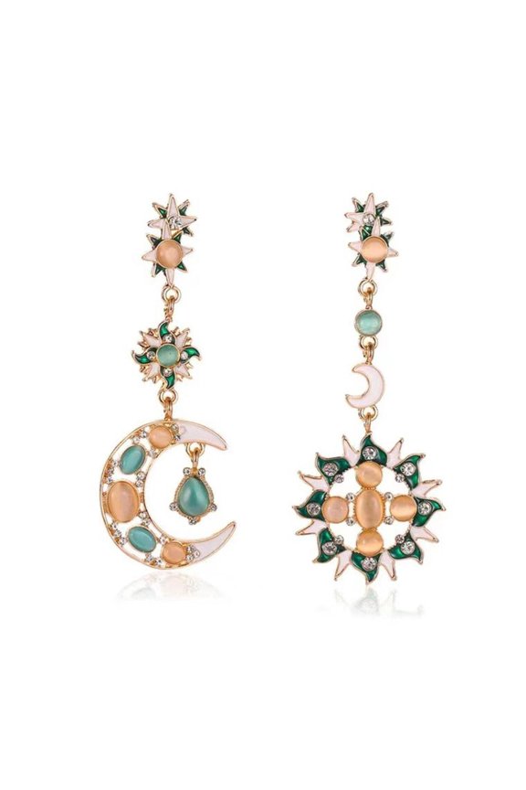 Alloy Sun Moon Earrings Vintage Drop Earrings Asymmetric Long Dangle Earrings