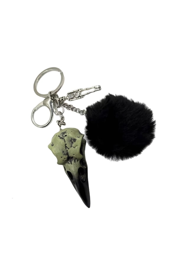Custom Goth Culture Key Holder Resin Skull Charm And Fuzzy Ball For Backpack Purse Chain