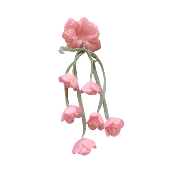 Osdhezcn Elegant Sheer Scrunchie With Tulips Floral Detailing Tassels Hair Band Hair Tie
