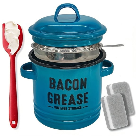 Osdhezcn Farmhouse Enamel Bacons Grease Keeper Jar With Strainer And Silicone Spatula For Kitchen Bacons Drippings Fat Container