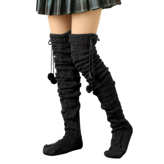 Osdhezcn Fashionable Cable Knitted Thigh High Socks with Furry Balls Accents Thermal Over Knee Long Boot Stockings for Women