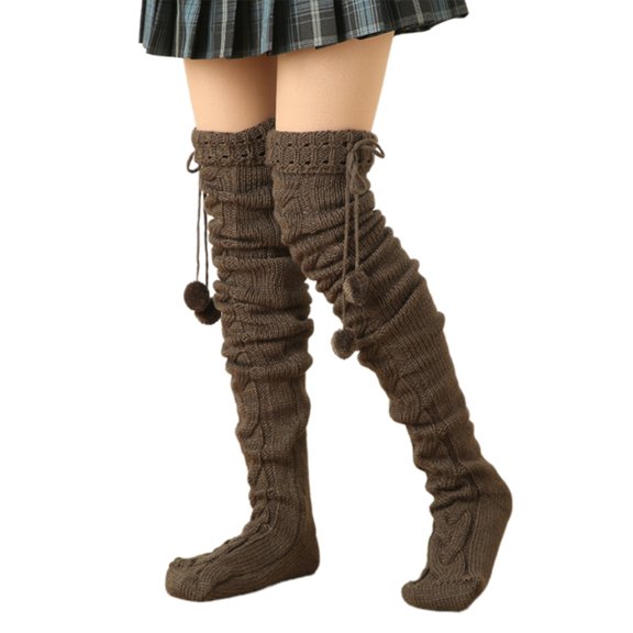 Osdhezcn Fashionable Cable Knitted Thigh High Socks with Furry Balls Accents Thermal Over Knee Long Boot Stockings for Women