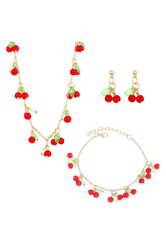 Fruit Themed Jewelry Accessories Sophisticated Acrylic Cherries/Strawberry Necklace Bracelet and Earrings Jewelry