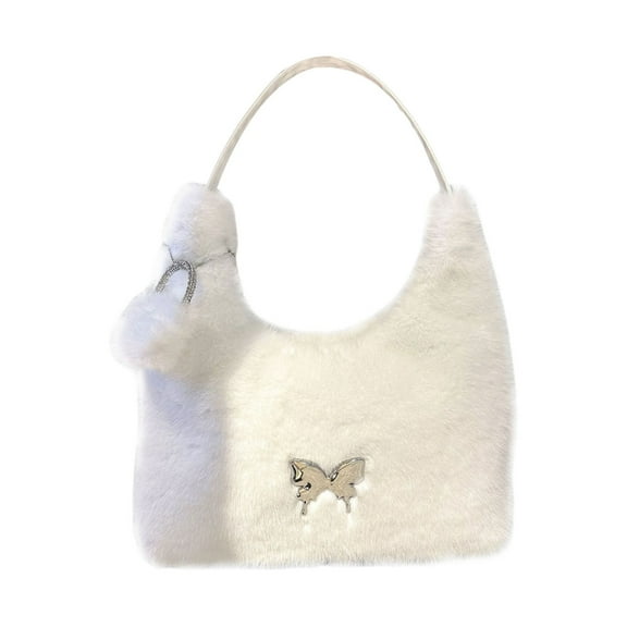 Osdhezcn Fuzzy Plush Armpit Bag Butterfly Decors Soft Furry Shoulder Handbag for Women