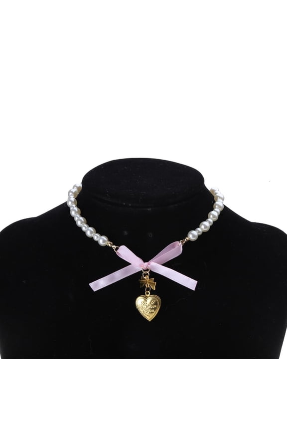 Graceful Bows Necklace Sophisticate Bowknot Heart Pearls Clavicle Chain Stylish Pink Crystal Love Shape Neckchain Decor