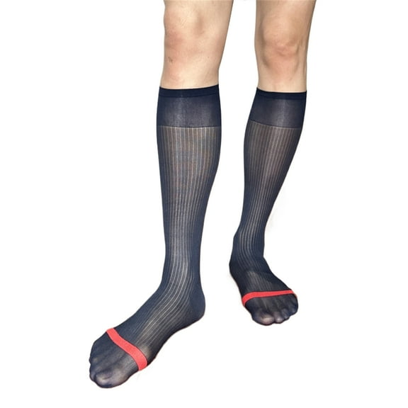 Osdhezcn Mens Business Soft Nylon Sheer Dress Long Socks Thin See Through Silk Over the Calf Striped Middle Length Tube Stockings
