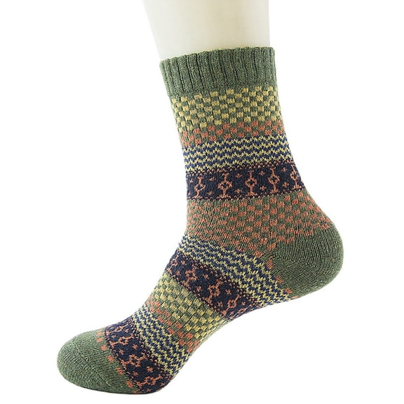 Osdhezcn Mens Vintage Ethnic Woolen Warm Long Socks Checked Striped Geometric Ribbed Knit