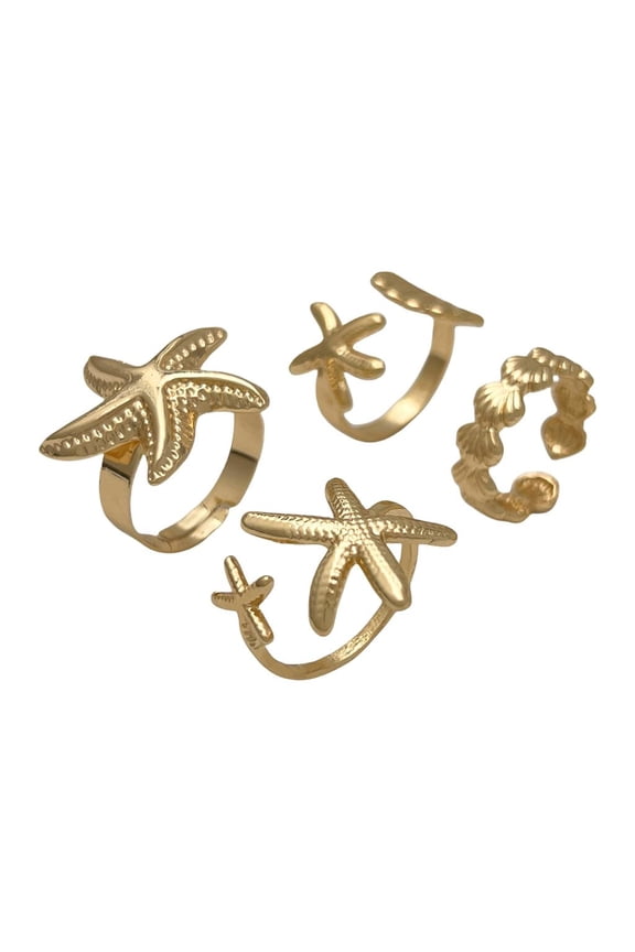 Pack of 4 Beachwear Jewelry Adjustable Geometric Rings for Women Gold & Silver Alloy Shell Accessories Summer Collection