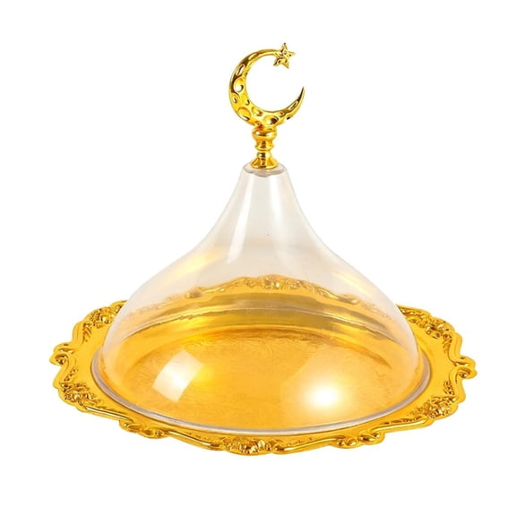Osdhezcn Ramadans Serving Tray Gold Metal Dessert Plate with Clear Dome Lid For Party Use