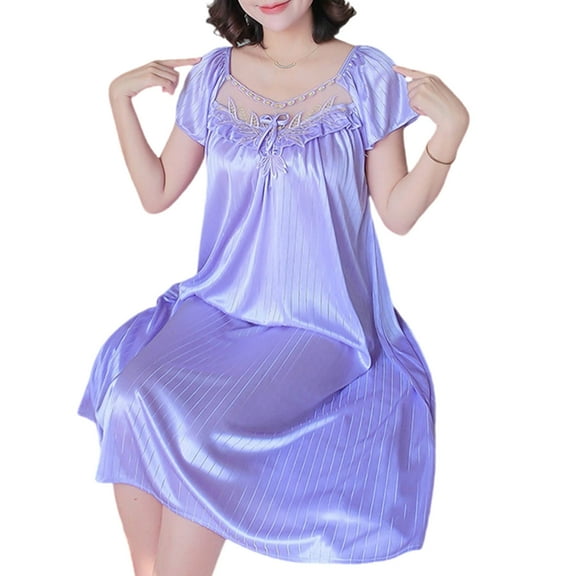 Osdhezcn Sheer Lace Trimmed Sleepwear for Women Short Sleeve Ice Silk Nightgown Dresses