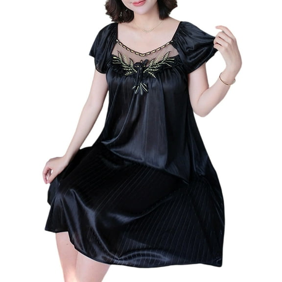 Osdhezcn Sheer Lace Trimmed Sleepwear for Women Short Sleeve Ice Silk Nightgown Dresses