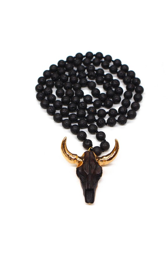 Trend Necklace Round Natural Stone Beaded Necklace Ox Horn Pendant Neck Chain