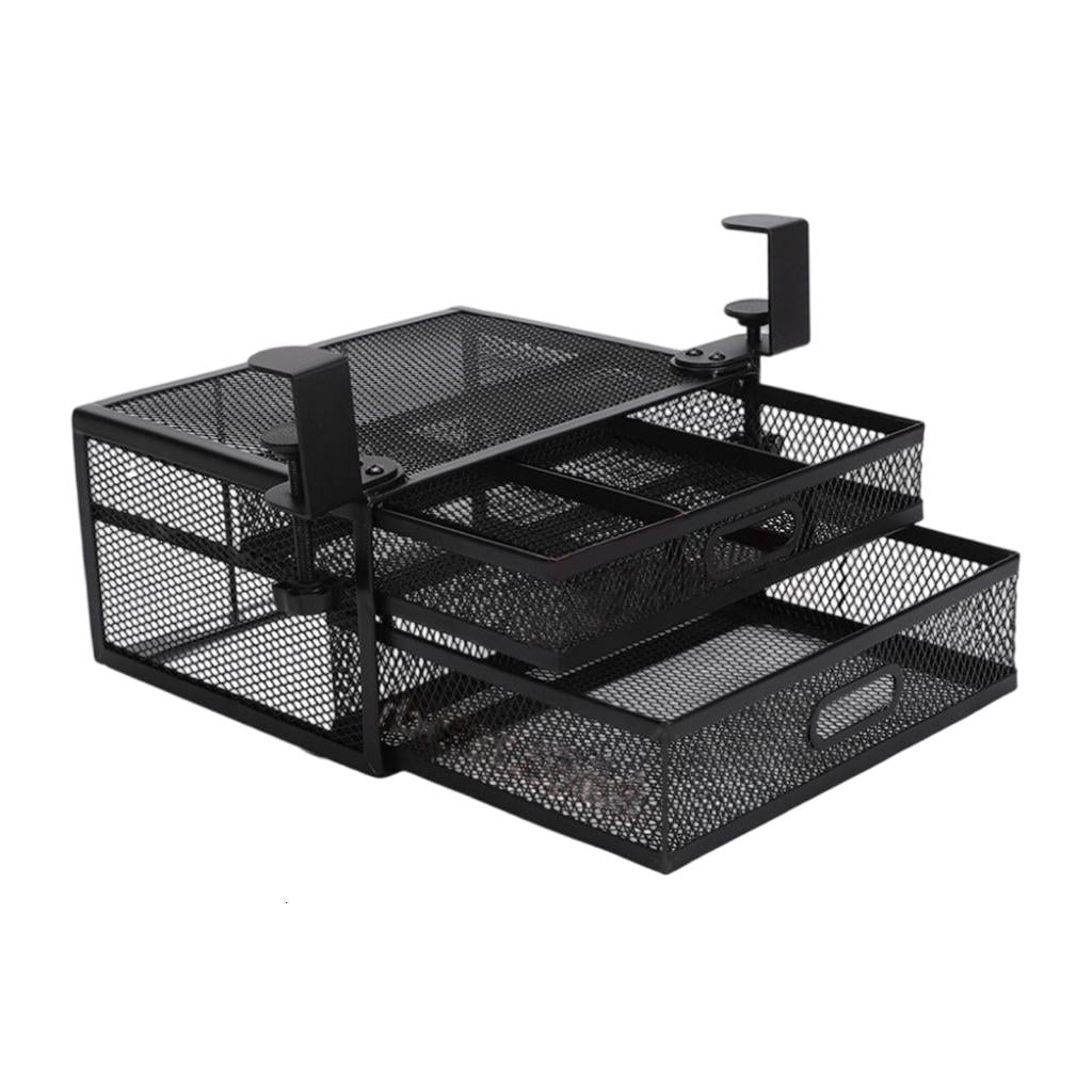 Osdhezcn Two Tiers Double Sliding Drawers Metal Under Desk Organizer Practical Black Frame Basket for Home Office Storage