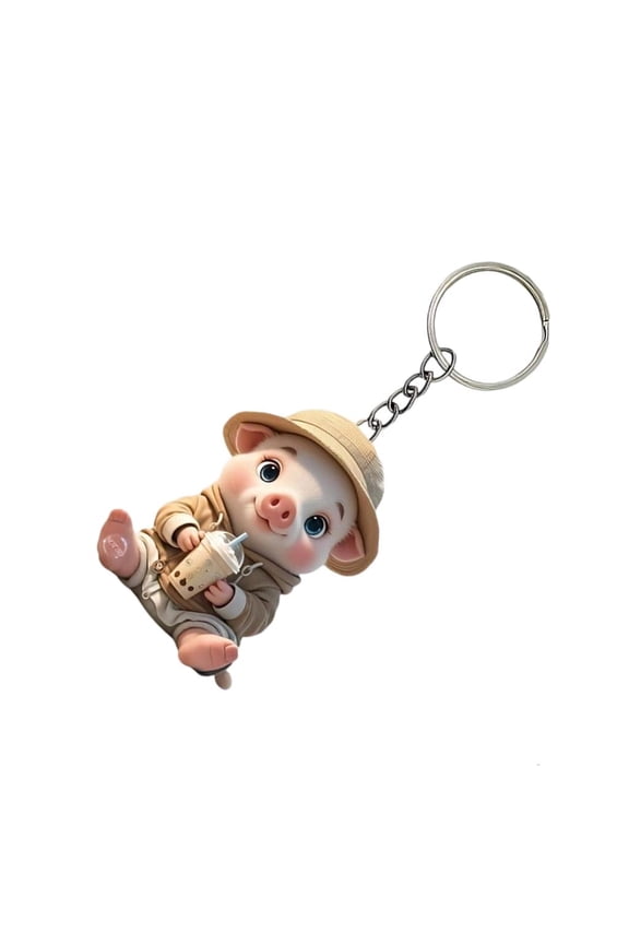 Vibranting Milk Drink Pig Acrylic Keychain Cute Home Car Decoration Accessory