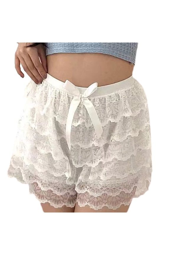 Women Bowknot Tiered Ruffled Lace Safety Shorts Half Slip Cake Pant Knickers