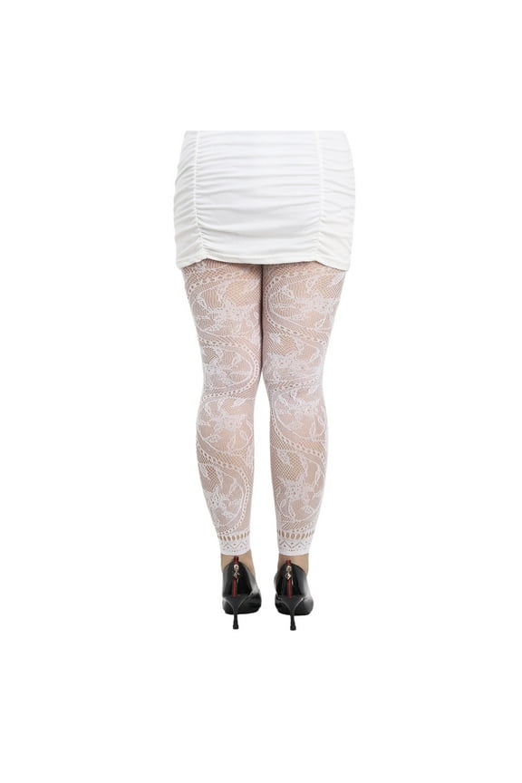 Women Floral Patterned Lace Leggings Rhinestones Footless Pantyhose Ankle Tights