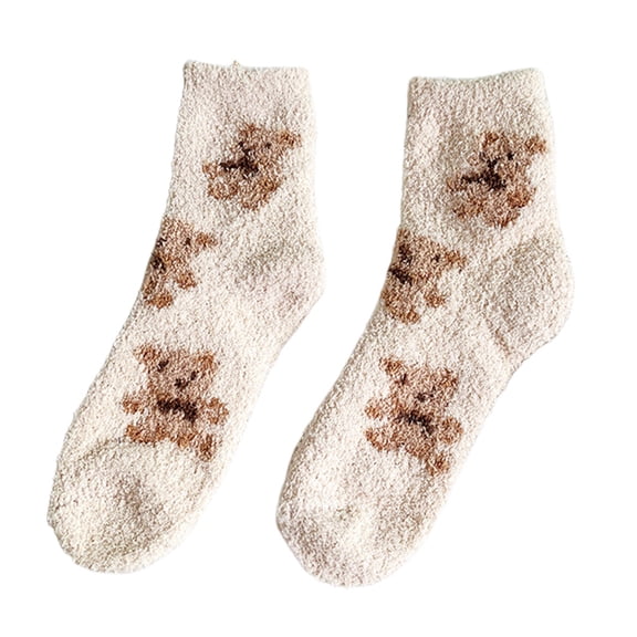 Osdhezcn Women Kawaii Coral Velvet Winter Fuzzy Slipper Socks Cute Cartoon Bear Animal Pattern Thicken Fluffy Sleep Foot Warmer