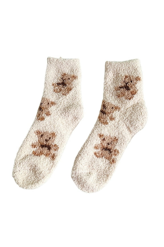 Women Kawaii Coral Velvet Winter Fuzzy Slipper Socks Cute Cartoon Bear Animal Pattern Thicken Fluffy Sleep Foot Warmer