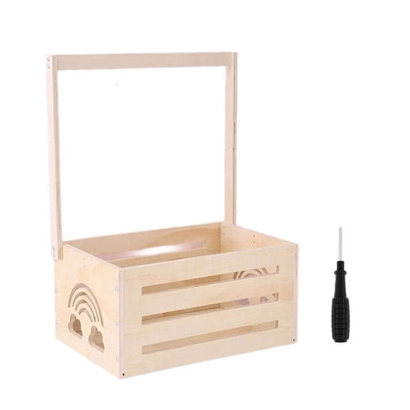 Osdhezcn Wood Storage Crate with Long Handle Baby Toy Holder Clothing Organiser Box Easy Assembly Children Portable Basket
