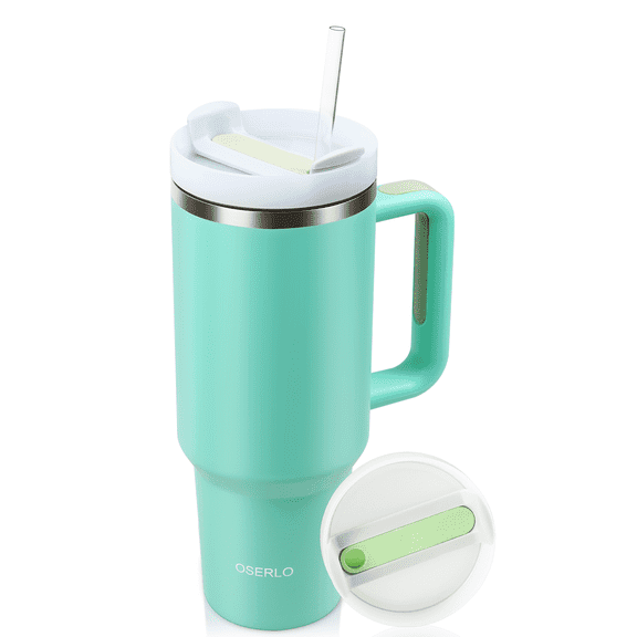 Oserlo 40 oz Reusable Vacuum Quencher Tumbler with Straw, Travel Cup with Lid, Insulated Stainless Steel Cup with Handle, Coffee Mug, Maintains Heat Cold, Heat and Ice for Hours, Mint Green