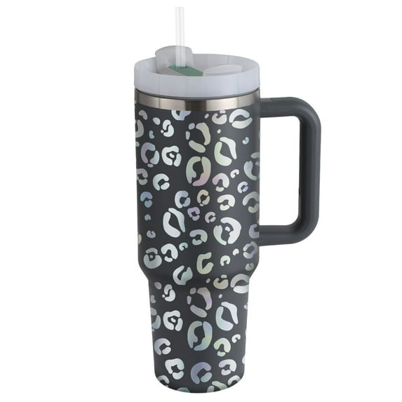 Oserlo 40 oz Reusable Vacuum Quencher Tumbler with Straw, Travel Cup with Lid, Insulated Stainless Steel Cup with Handle, Coffee Mug, Maintains Heat Cold, Heat and Ice for Hours, Leopard Gray