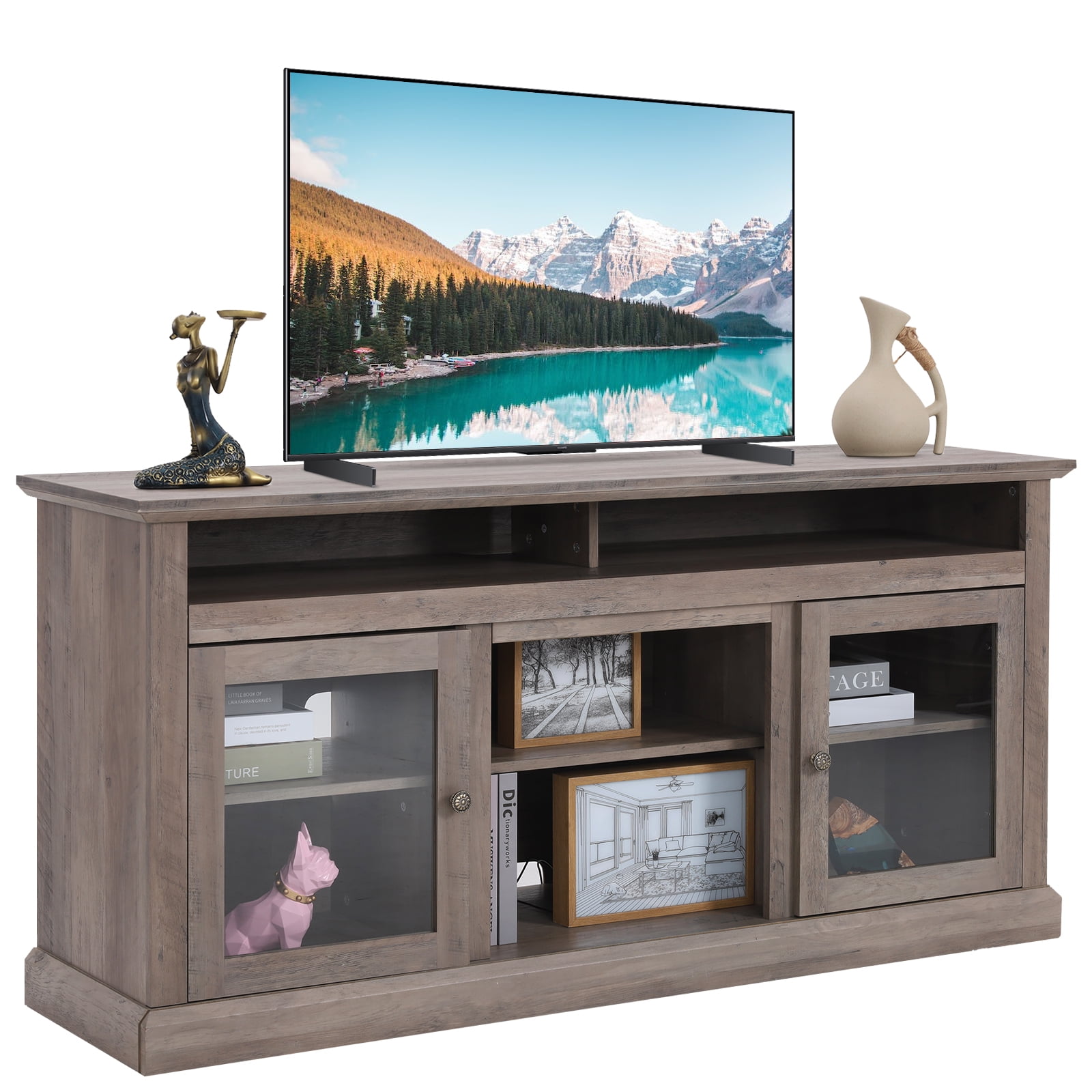Oserlo TV Stand for 65 Inch TV, Entertainment Center with Two Glass Barn Doors and Storage