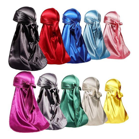Osfvolr 10Pcs Durag Pack, Durags for Men Silky, Silk Durag for Men Women Waves, Satin Du Rag with Long Tail and Wide Straps