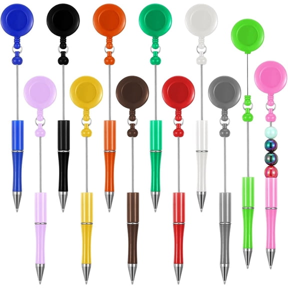 Osfvolr 24 Pcs Beadable Pens Black Ink Bead DIY Retractable Reel Pen Ballpoint Pull Clip for Waitress Worker Teacher Gift