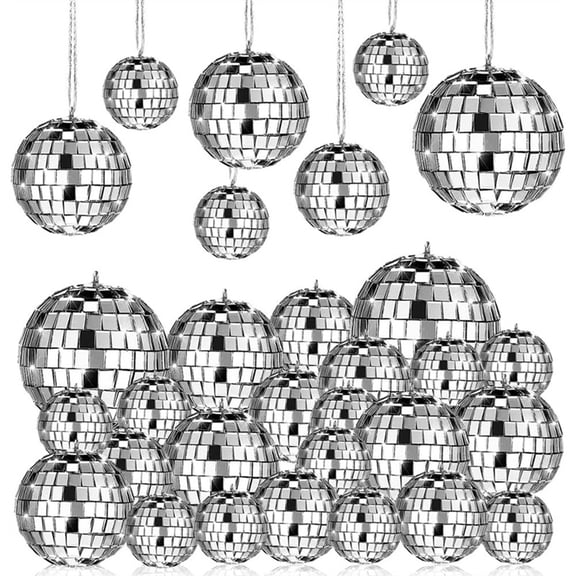 Osfvolr 28 Pack Disco Ball, Disco Ball Party Decorations Silver Hanging Reflective Mirror Balls Ornaments 70s Disco Party