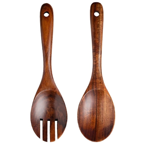 Osfvolr 2Set Wooden Large Spoon Fork Cutlery Set Japanese Style Long Handle Serving Salad Scoop Dinnerware Set Kitchen Utensil