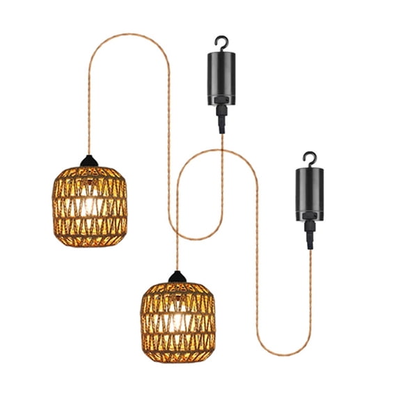 Osfvolr 2pcs Battery Power Pendant Light Woven Rattan Pendant Light for Gazebo, Pergola, Porch, Indoor and Outdoor Decor