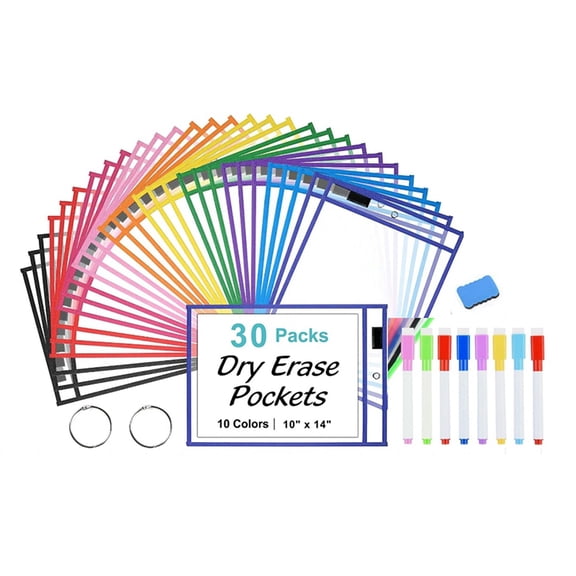 Osfvolr 30 Pack Dry Erase Pockets with 2 Rings, 10 Assorted Colors 10x14 Oversized Reusable Plastic Sleeves