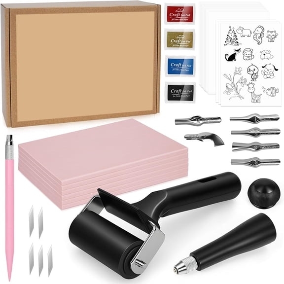 Osfvolr 47 Pcs Linocut Block Printing Kit Cartoon Pattern Paper, Complete Stamp Making Set for Beginners, Artists, DIY Crafts
