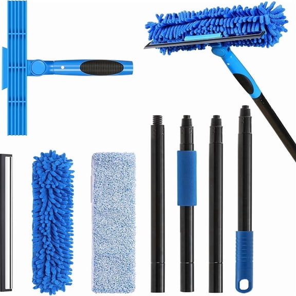 Osfvolr 69" Window Squeegee Cleaner Tool 2-in-1 Kit with Extension Pole,Rotating Head, 1 Blade & 2 Scrubbers for Window Cleaning