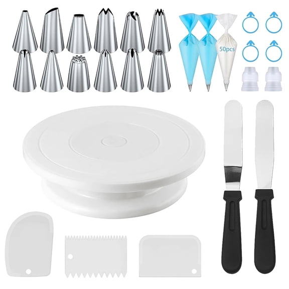 Osfvolr 76-Piece Cake Decorating Tool Kit -Non-Slip Turntable for Beginners DIY Cream Cookies Cake Making Bake Tools White