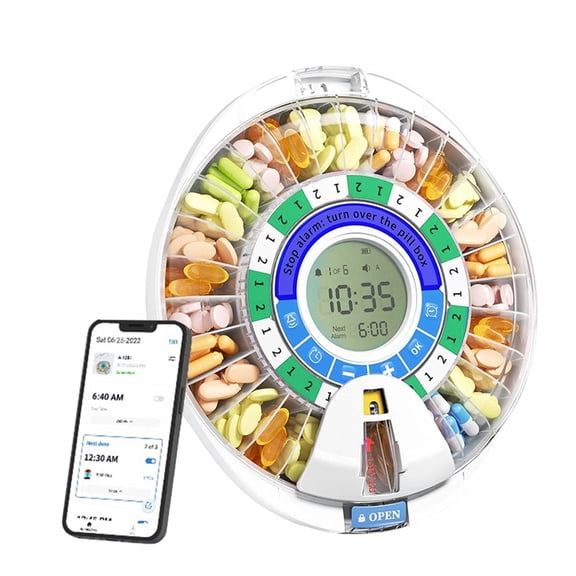 Osfvolr Automatic Pill Dispenser for Elderly with Alarms - 28 Slots, Key Locked, Alarms & Light Reminder, Mix-Proof, XL Display