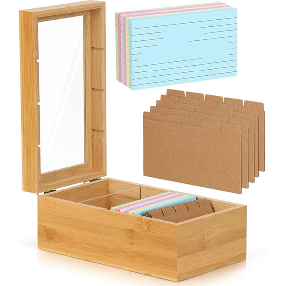 Osfvolr Bamboo Index Card Organizer,3x5 Index Card Holder Box with Dividers,Recipe Box with Lid,4 Compartments for 1200 Cards
