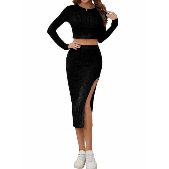 Osfvolr Casual Women'S Maxi Dress Long Sleeves Women'S Skirt Set Women'S Solid Color Casual Slim Fit Small Round Black S