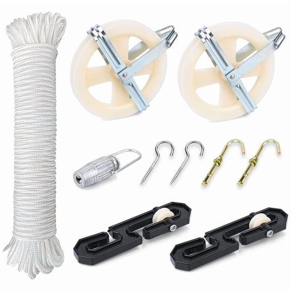 Osfvolr Clothesline Kit, Nylon Clothesline Pulley Kit, 150ft Polyester Clothes Line Rope Outdoors Heavy Duty