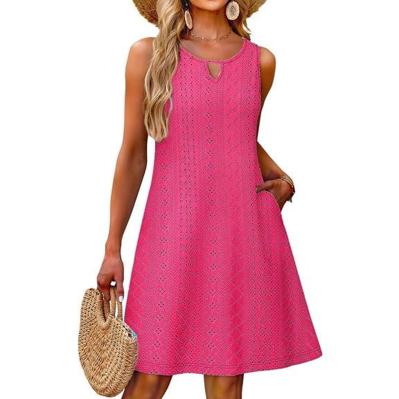 Osfvolr Cover Up Summer Dresses for Women 2025 Eyelet Casual Loose Sleeveless Sundresses Tank Dresses with Pockets Rose Red XXL