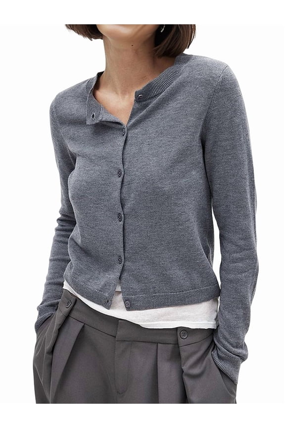 Cropped Cardigan Shrug for Women, Button Down Long Sleeve Knit Sweater for Dresses,for Jeans Grey M