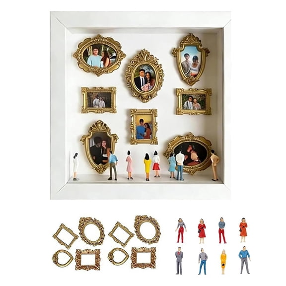 Osfvolr DIY Mini Museum Silhouette Box Shadow Frame Kit with Gold Mini Frames & Figurines for Family Memory Display