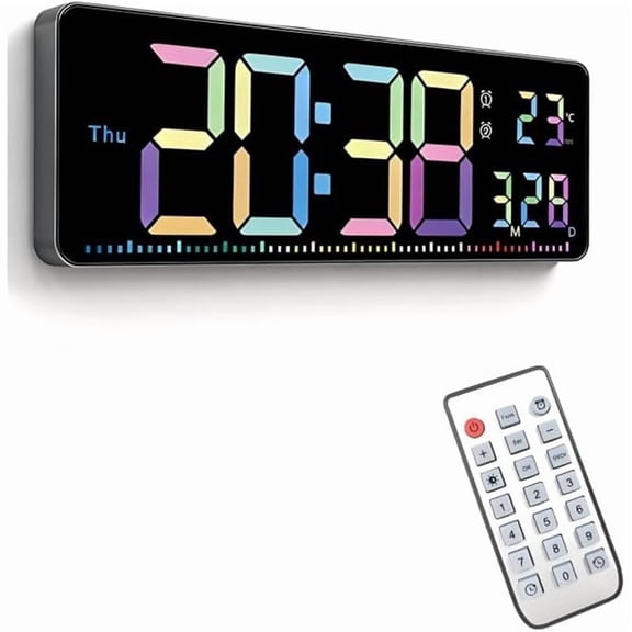 Osfvolr Digital Wall Clock, 16" Colorful Digital Display Clock, Date, Week, Temperature, Dual Alarm, Auto-Dimming, DST,Countdown