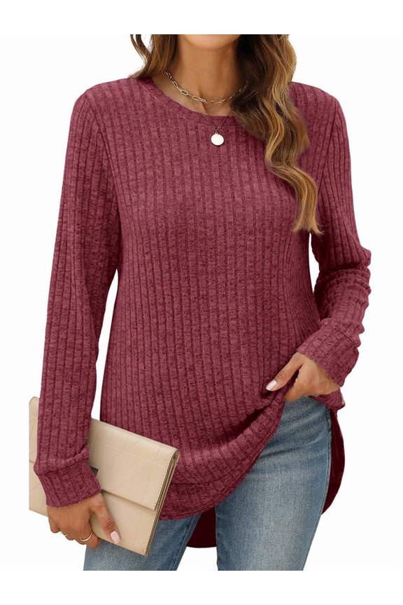 Fashion Women Sweaters Long Sleeve Top Fall Clothes Trendy T-Shirt Blouse Wine Red M