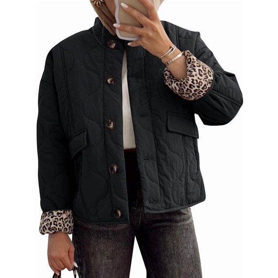 Osfvolr Female Quilted Jacket Oversized Leopard Lined Puffer Jacket Button Down Padded Coat Black S