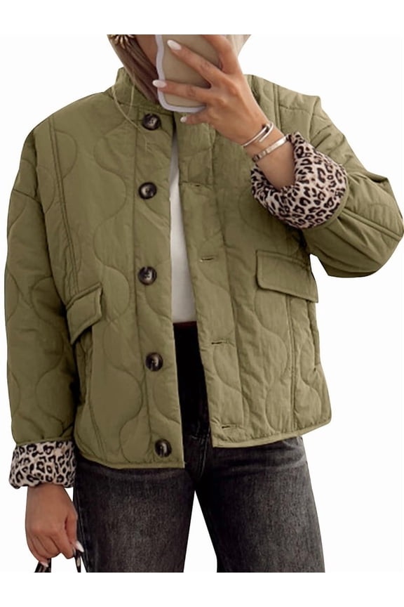 Female Quilted Jacket Oversized Leopard Lined Puffer Jacket Button Down Padded Coat Green L