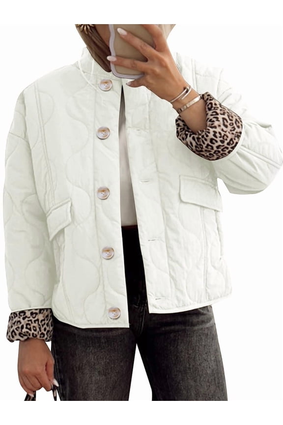 Female Quilted Jacket Oversized Leopard Lined Puffer Jacket Button Down Padded Coat Milky S